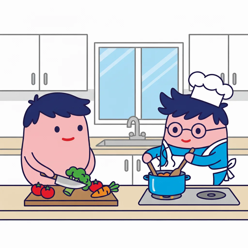 Couple cooking together in a kitchen with portion-sized ingredients